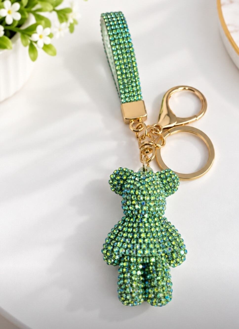 Teddy Bear Green Rhinestone Bag Charm Key Chain New